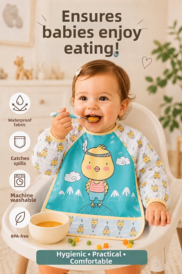 Waterproof Baby Feeding Bib with Pockets, Long Sleeve Washable Feeding Bib