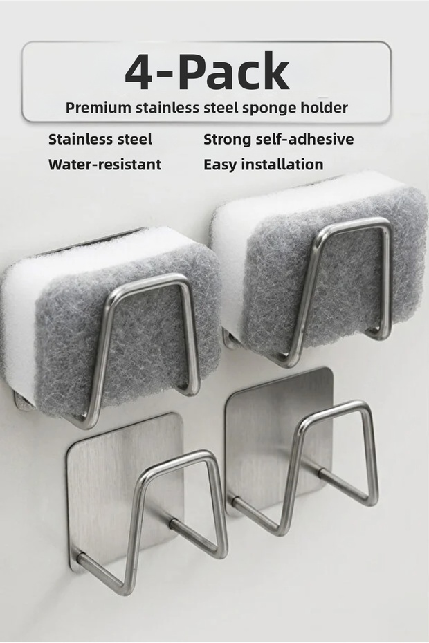 4 Pieces Stainless Dish Sponge Holder Adhesive Hanger Double-Sided Adhesive Gray