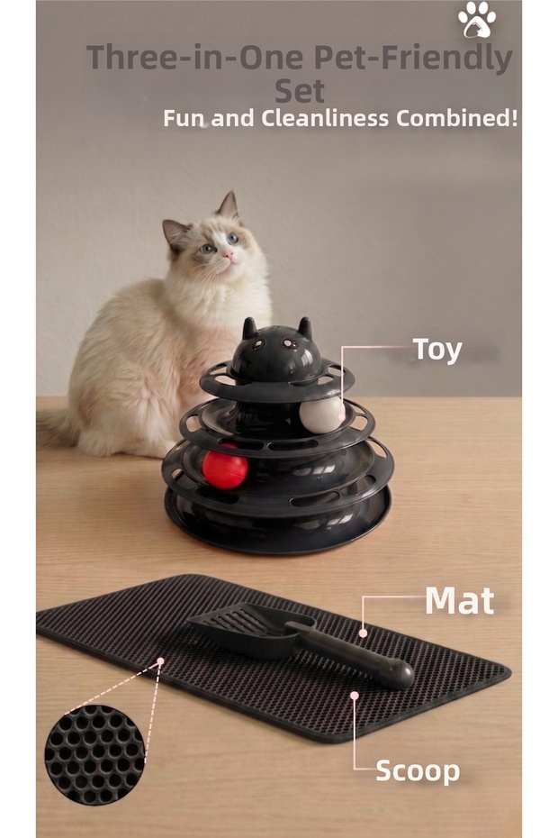 Pati Dostu 3-Piece Cat Set - 3-Layer Interactive Ball Cat Toy + Mat + Cat Litter Scoop