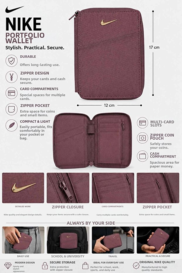 Zippered Portfolio Dried Rose – Card Holder, Coin Compartment, Multi-Compartment Unisex Wallet 17X12 cm