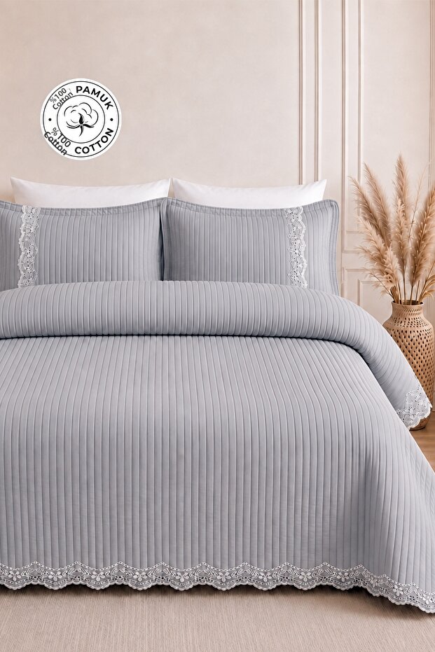 100% Cotton Double Bedspread Set Mihrimah Lace Pique Set 3 Pieces Gray