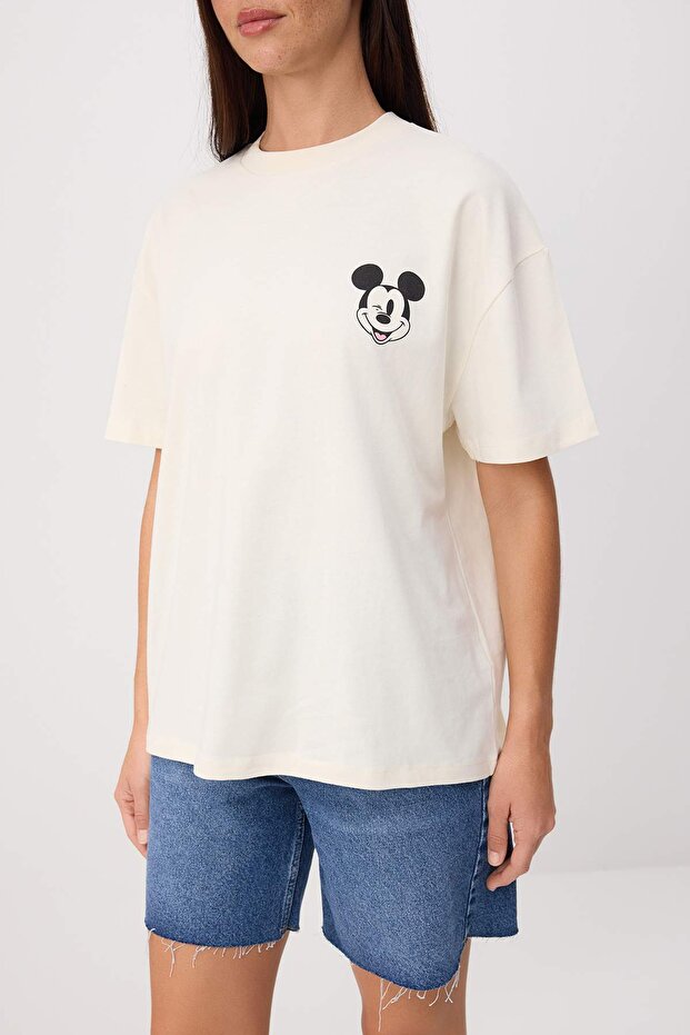 Ekru Mickey Mouse Lisanslı Baskılı Relaxed/Rahat Kalıp Tok %100 Pamuk Örme T-Shirt TWOSS26TS00141 - 3