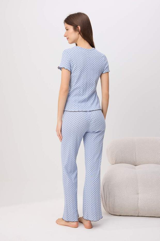 Mavi %100 Pamuklu Puantiyeli Baby Overloklu Fitilli/Pointel Örme Pijama Takımı THMSS26PT00012 - 4