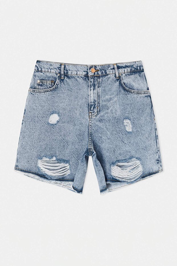 Açık Mavi Yırtıklı Lastikli Yüksek Bel Mini %100 Pamuk Non-Stretch Denim Şort TBBSS26AP00014 - 4
