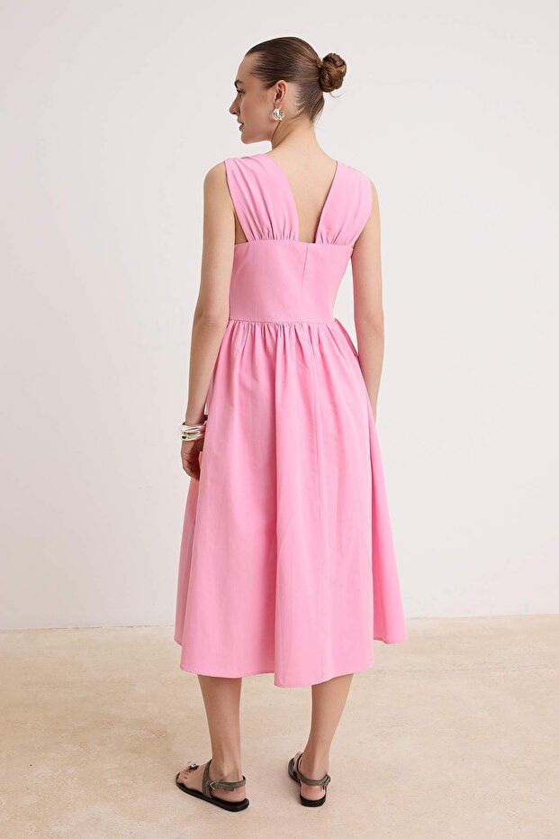 Pembe Bel Detaylı Poplin Midi Dokuma Elbise TWOSS26EL00917 - 4