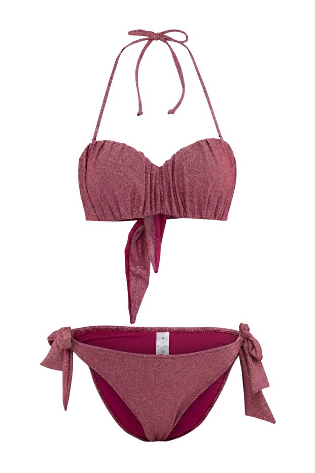 Bordo Simli Drapeli Straplez Kaplı Regular Normal Bel Bikini Takımı TBESS25BT00097 - 4