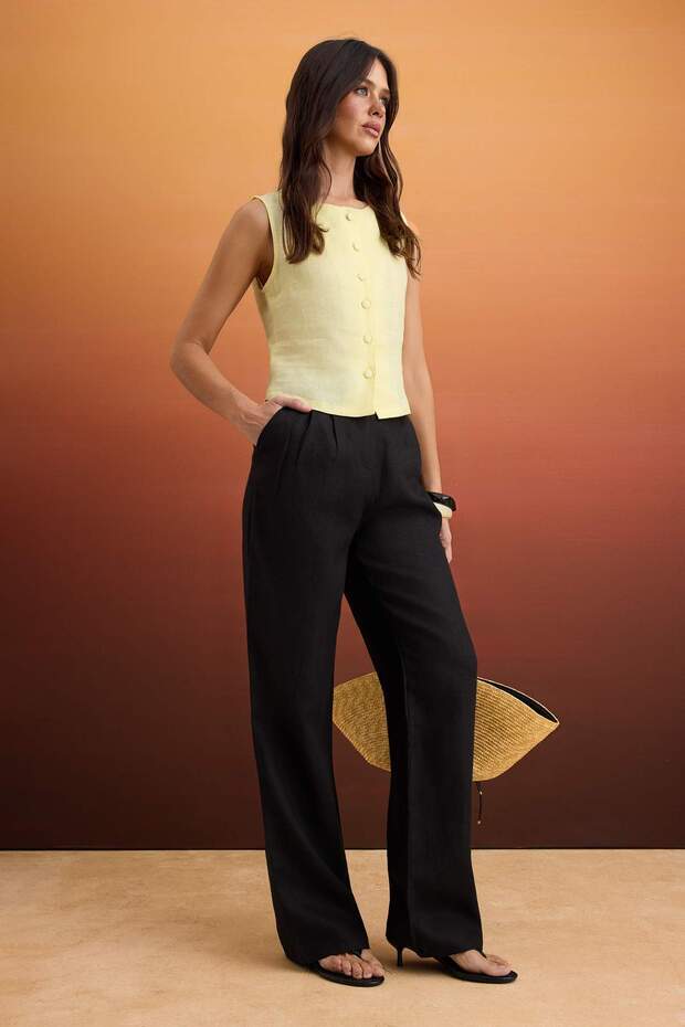 Siyah  %100 Keten Pileli Yüksek Bel Wide Leg Pantolon TWOSS26PL00050 - 2