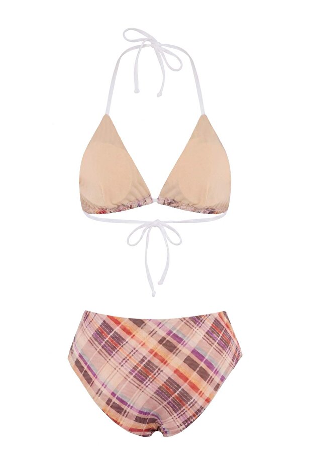 Ekose Desenli Üçgen Kaplı Şerit Detaylı Hipster Düşük Bel Bikini Takımı TBESS26BT00115 - 6
