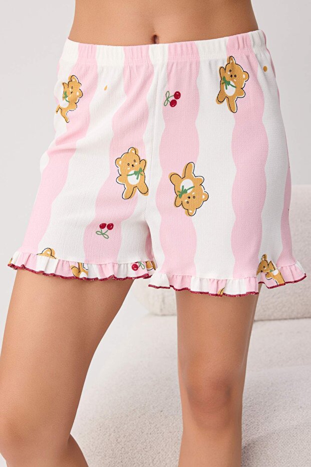 Pembe Çizgi ve Ayıcık Desenli Fırfırlı Bürümcük Örme Pijama Takımı THMSS26PT00226 - 3