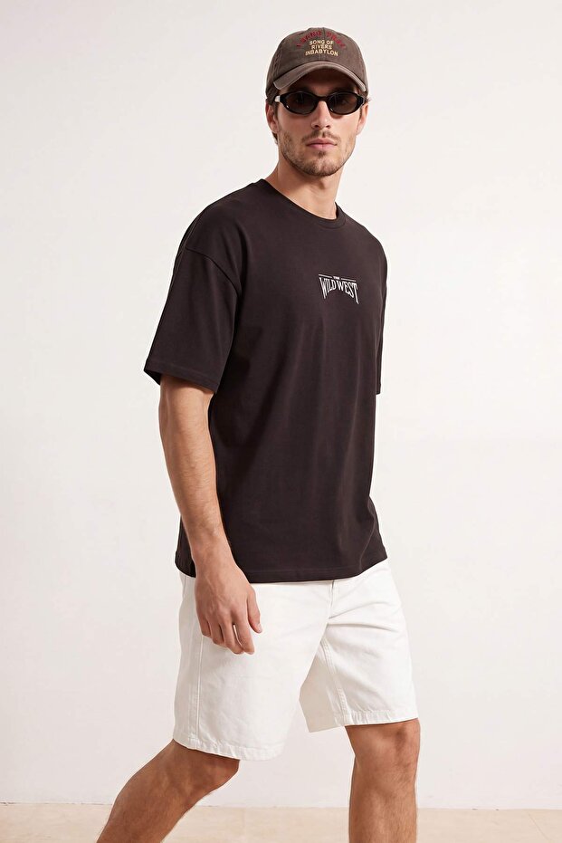 Büyük Beden Kahverengi Oversize/Geniş Kesim %100 Pamuklu T-Shirt TMNSS25BF00008 - 3