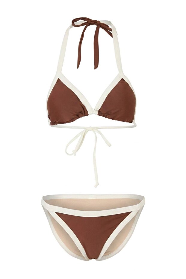 Kahverengi Üçgen Kaplı Renk Bloklu Biyeli High Leg Normal Bel Regular Bikini Takımı TBESS26BT00123 - 5