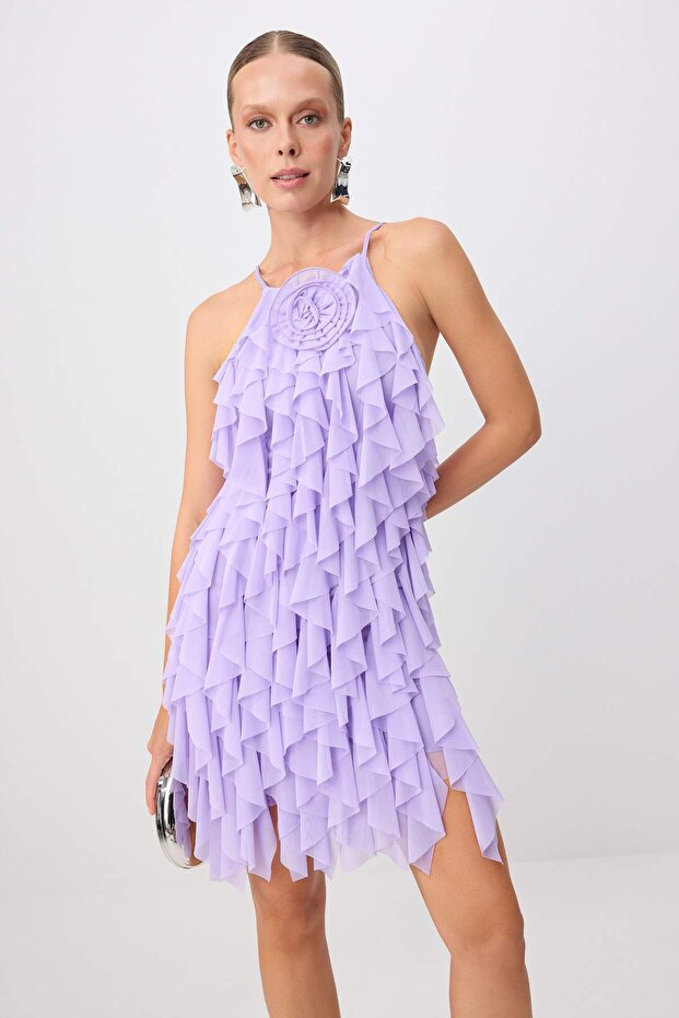 Prom Lila Fırfırlı Mini Tül Astarlı Party Mezuniyet Abiye Elbise TPRSS26EL00175 - 2