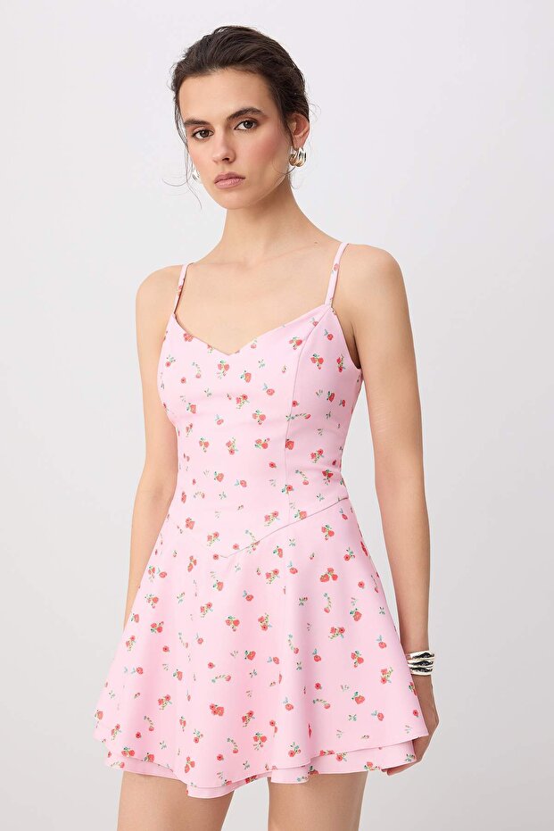 Pembe-Çok Renkli Çiçek Desenli Kısa / Mini Dokuma Şort Etek Elbise TWOSS26EL01039 - 2