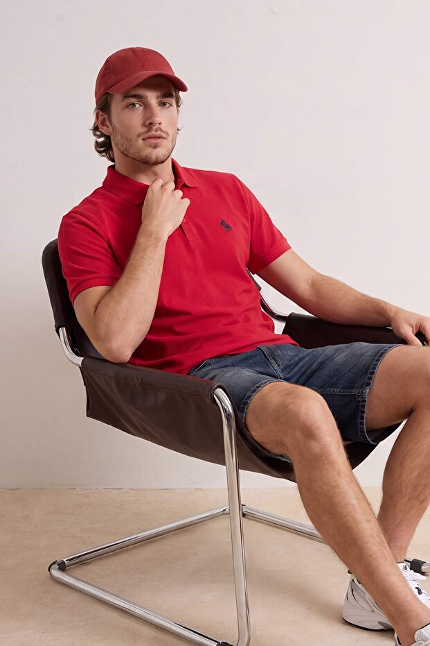 Kırmızı Regular/Normal Kesim At Nakış Polo Yaka T-shirt TMNSS25PO00017 - 3