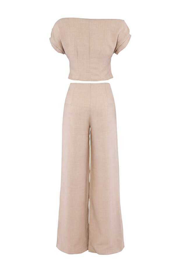 Bej Kayık Yaka Fitted Bluz Geniş Paça Pantolon Dokuma Alt - Üst Takım TWOSS26AU00293 - 5