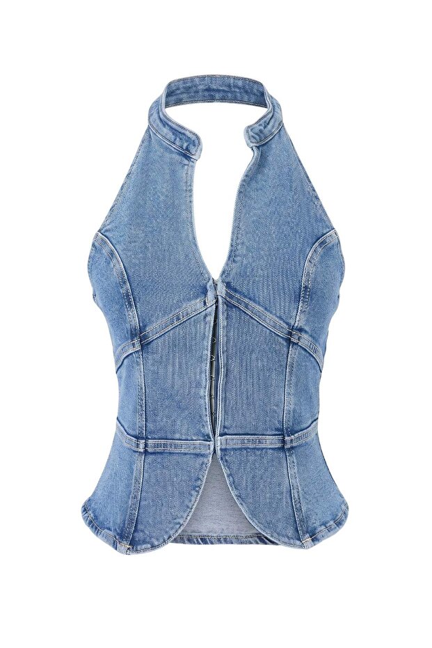 Mavi Az Esnek Qipao Halter Yaka Denim Bluz TWOAW27BZ00130 - 6