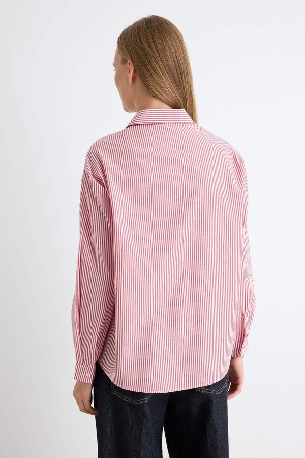 Kırmızı Çizgili Oversize Geniş Kalıp Dokuma Gömlek TWOAW23GO00359 - 4