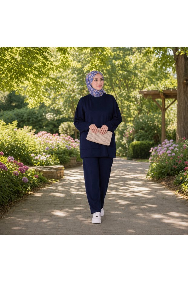 Women's Islamic Clothing Seasonal Modal Fabric Crew Neck Pocketed Tunic Top and Bottom Set