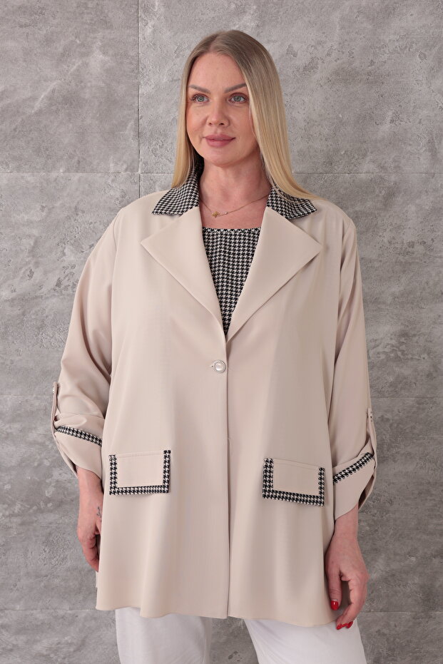 Plus Size (50-56) Jacket Collar Single Button Long Sleeve Two-Piece Suit Women's Blouse