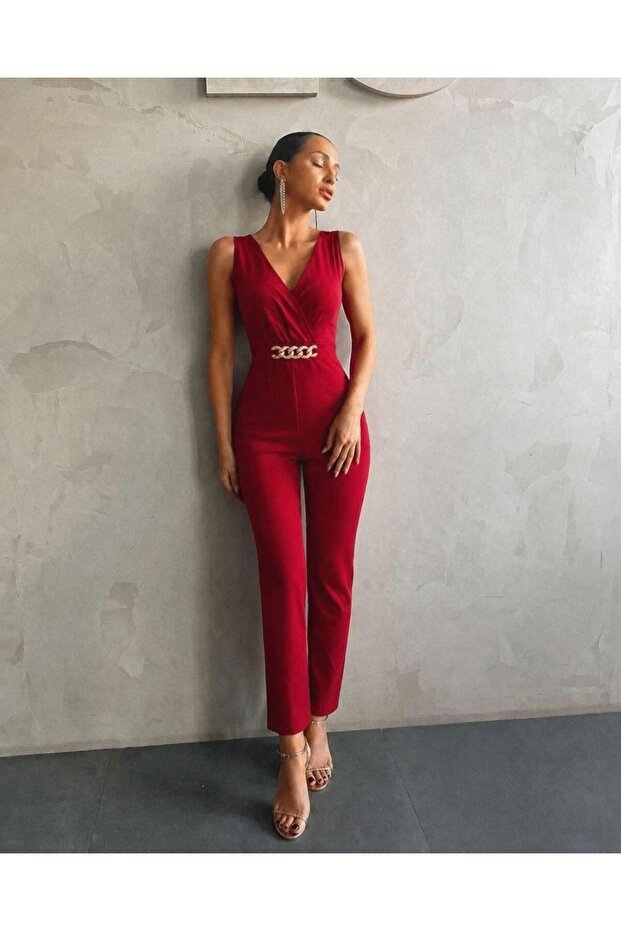 Imported Crepe Fabric Chain Detailed Jumpsuit 582407 Red