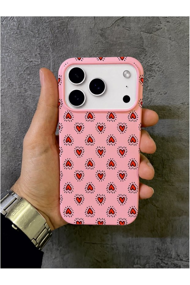iPhone 17 Promax Compatible Red Heart Patterned Pink Case