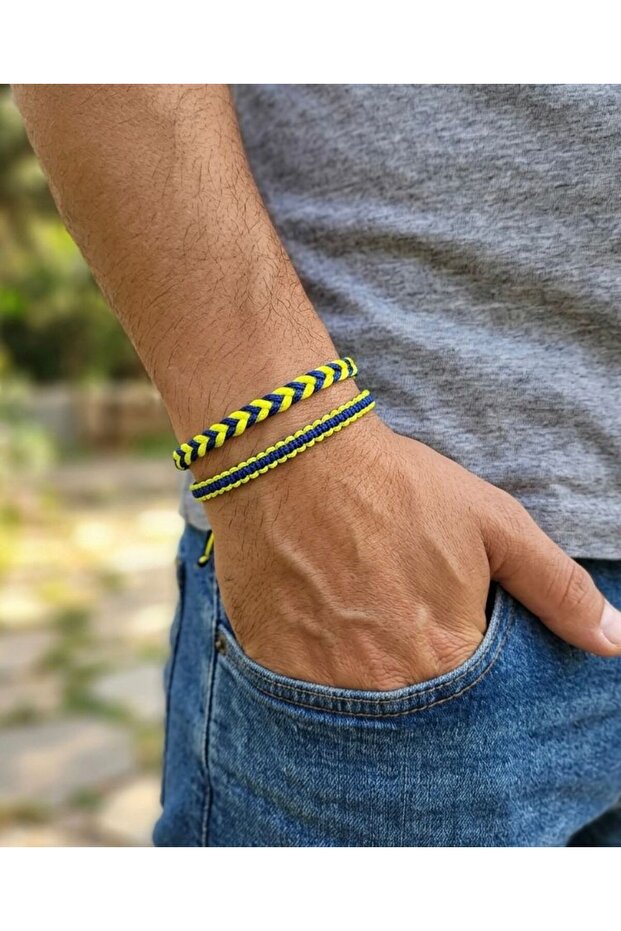 Macrame 2-Pack Yellow Navy Blue Fan Bracelet