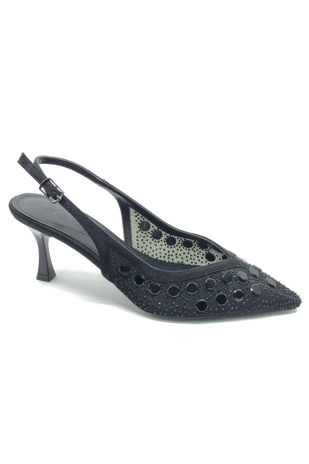 Feles Tulle Stone Detailed Open Back Stiletto Heeled Women's Shoes Black