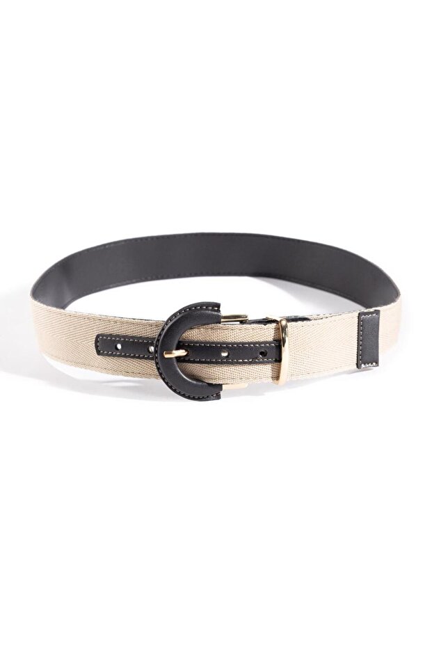 Beige Oval Buckle Woven Belt