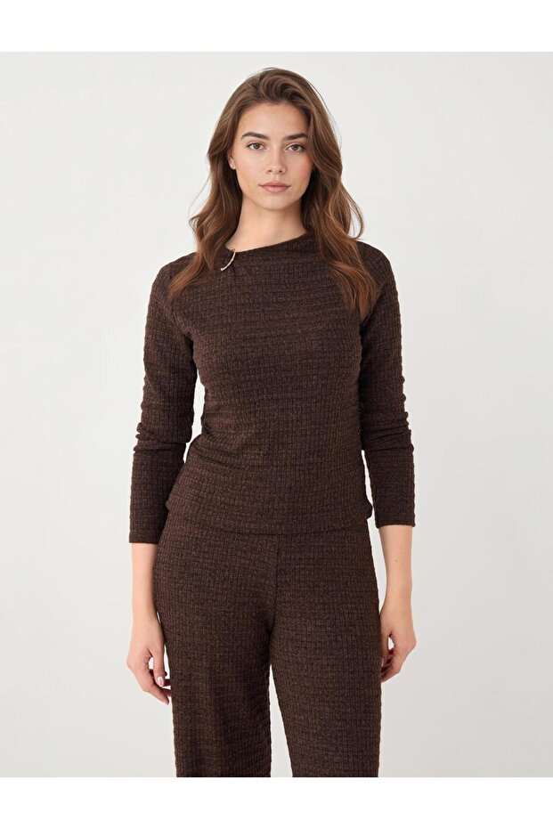 Coffee Melange Round Neck Long Sleeve Blouse with Metal Detail