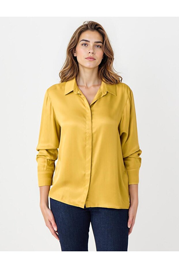 Oil Green Relaxed Fit Long Sleeve Satin Shirt