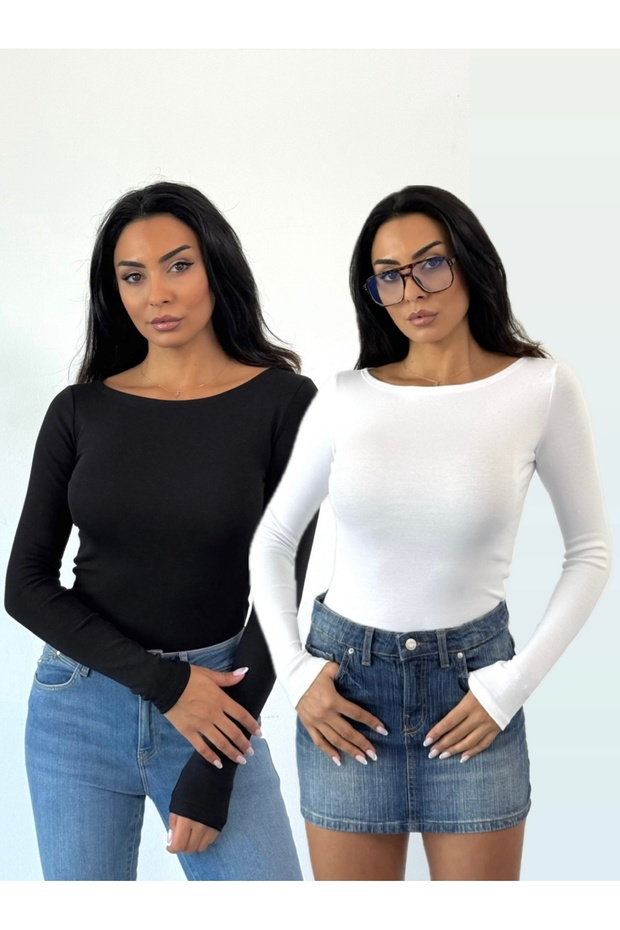 Ultra Soft Kayık Yaka 2'Li Bluz Beyaz-Siyah