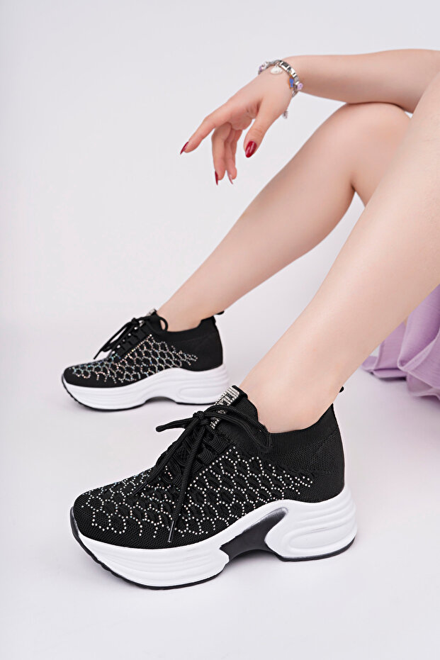 Women's Black Hidden Heel Stone High Sole Knitwear Sneaker Shoes