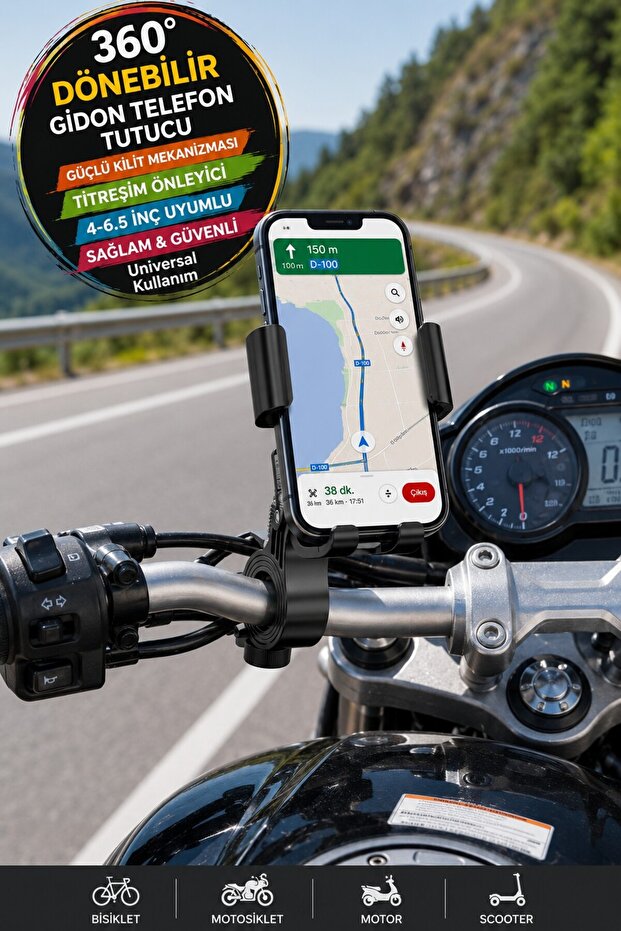 TOYFEST 360° Döner Bisiklet Motosiklet Scooter Gidon Telefon Tutucu Universal Telefon Aparatı