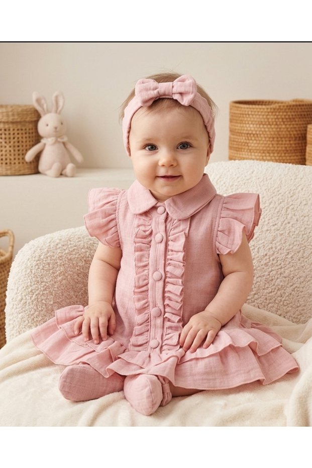 Eid Festival Ruffle Detailed Summer Baby Collar Short Muslin Baby Dress with Bandana Set of 2 - Lilac