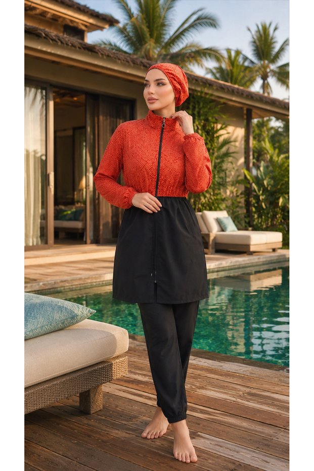 Aysun Beli 3-Piece Fully Covered Hijab Swimsuit Burkini Made of Water-Repellent Fabric with Adjustable Elastic