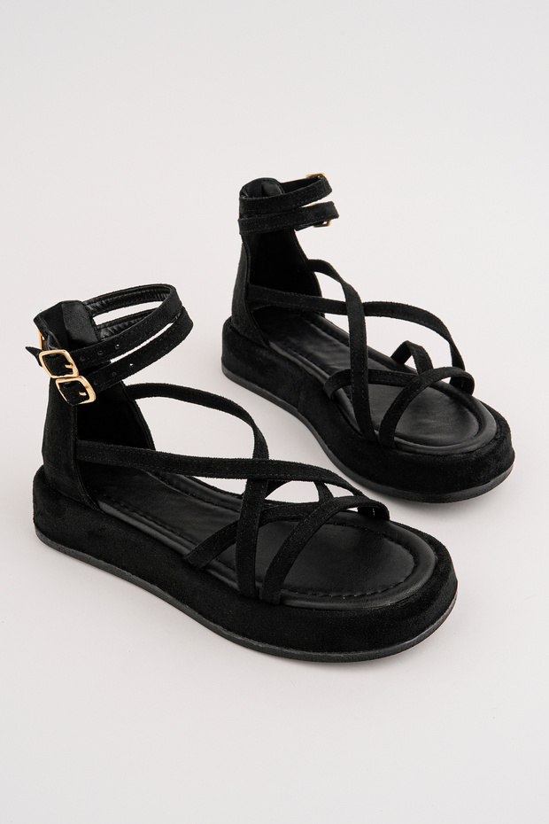 Women's Black Suede Cross-Strapped Ankle Strap Zippered Sandals