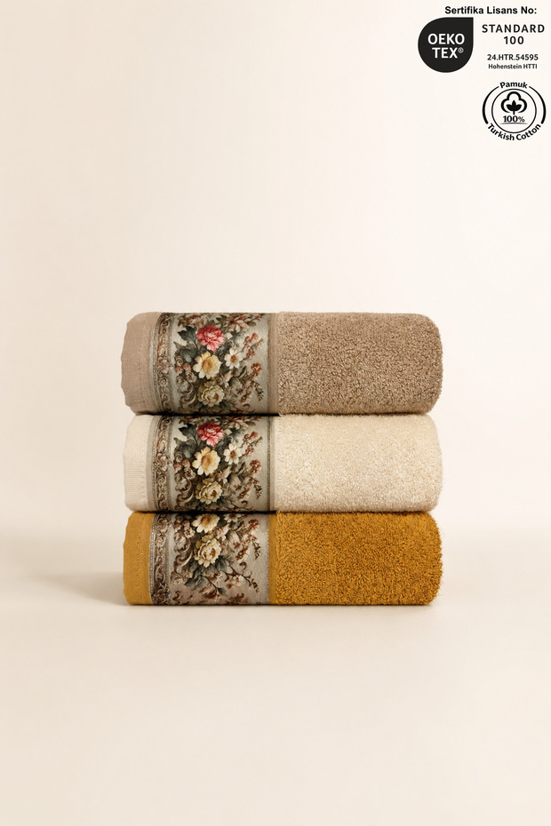 Fiore 3-Piece Towel Set 100% Certified Cotton, Floral Pattern Hand/Face/Kitchen Towels 50X90Cm