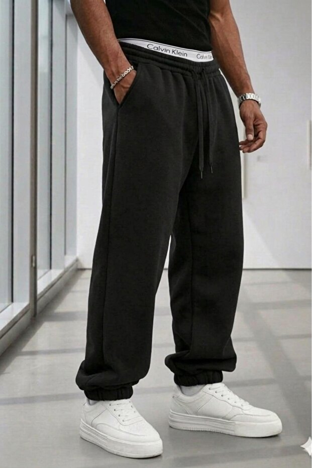 Men's Black Thick Fleece Lined Jogger Sweatpants 3 Thread Count