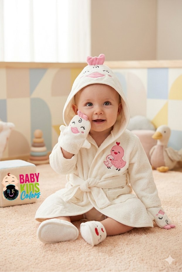 Boxed 4 Piece Chick Hooded 100% Cotton Baby Bathrobe Set