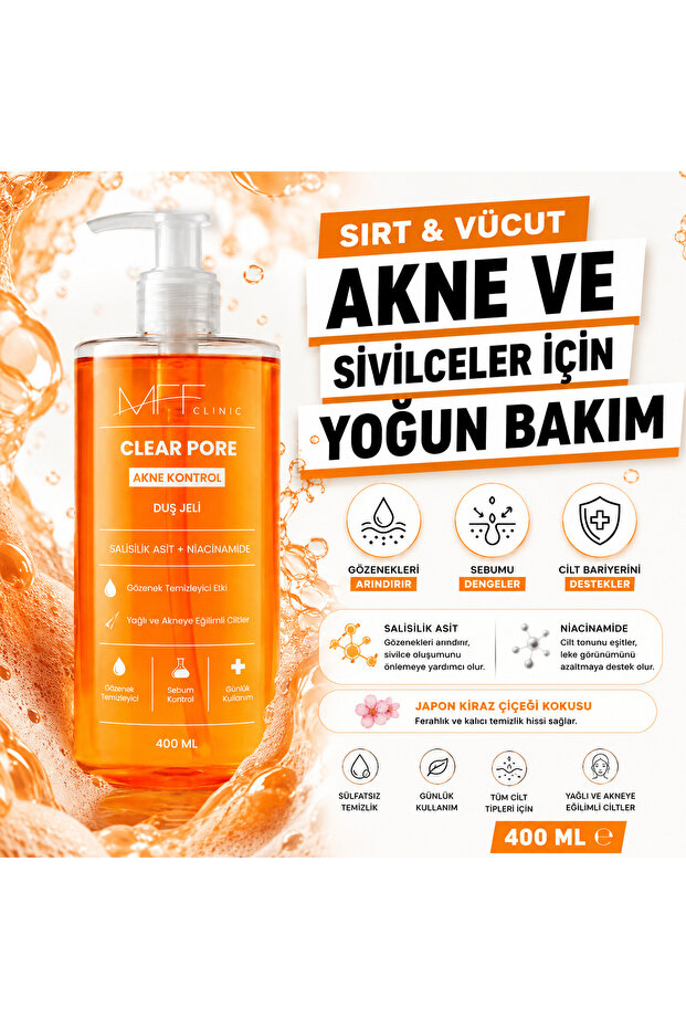 MFF CLİNİC Sebum Kontrol Duş Jeli | Akne & Eğilimli Ciltler İçin Bakım | Salisilik Asit + Niacinamide | 400 ML