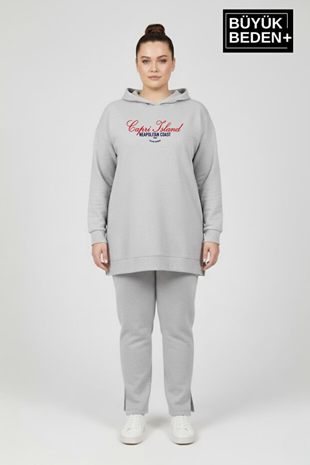Plus Size Hooded Capri Island Printed Tunic Slim Sweatshirt Spr26Btk991-2