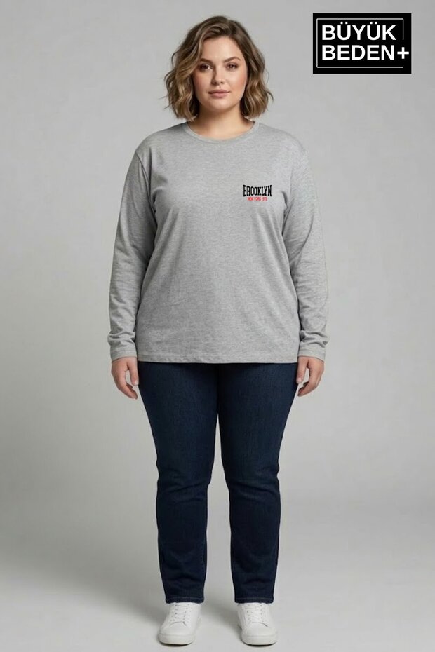 Women's Large Size Medium Brooklyn Printed 2 Thread Crew Neck T-Shirt Spr26Beak942-3