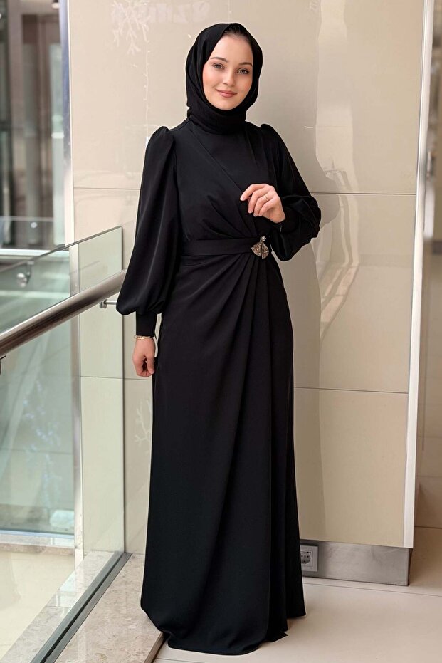 Belted Brooched Balloon Sleeve Evening Dress