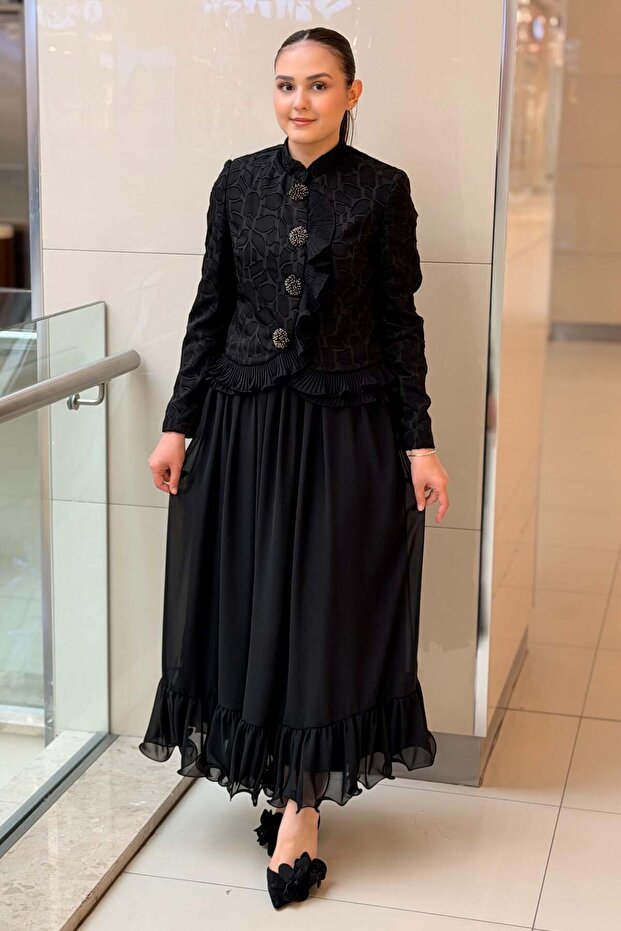 Patterned Ruffled Jacket Skirt Evening Dress Set