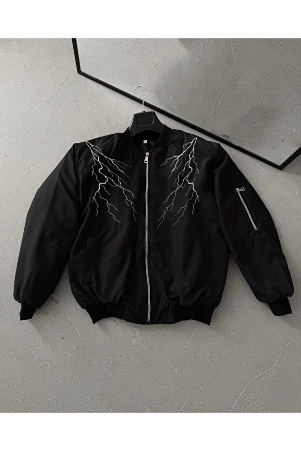 Lightning Printed Long Sleeve Bomber Jacket - Black