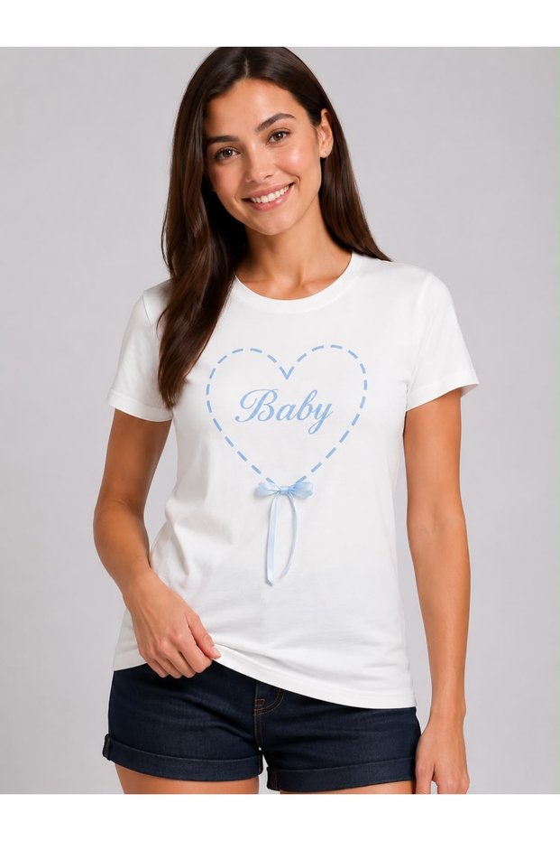 Women's 100% Cotton Baby Printed Ribbon Detail T-Shirt