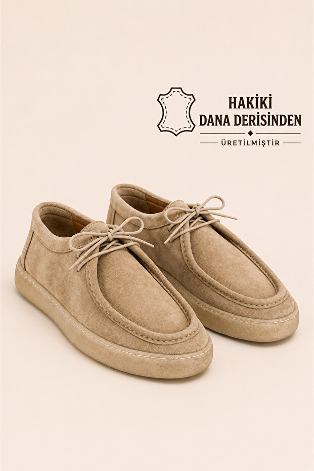 Men's Beige Suede Genuine Leather Daily Casual Lace-Up Rubber Sole Shoes – Bridge