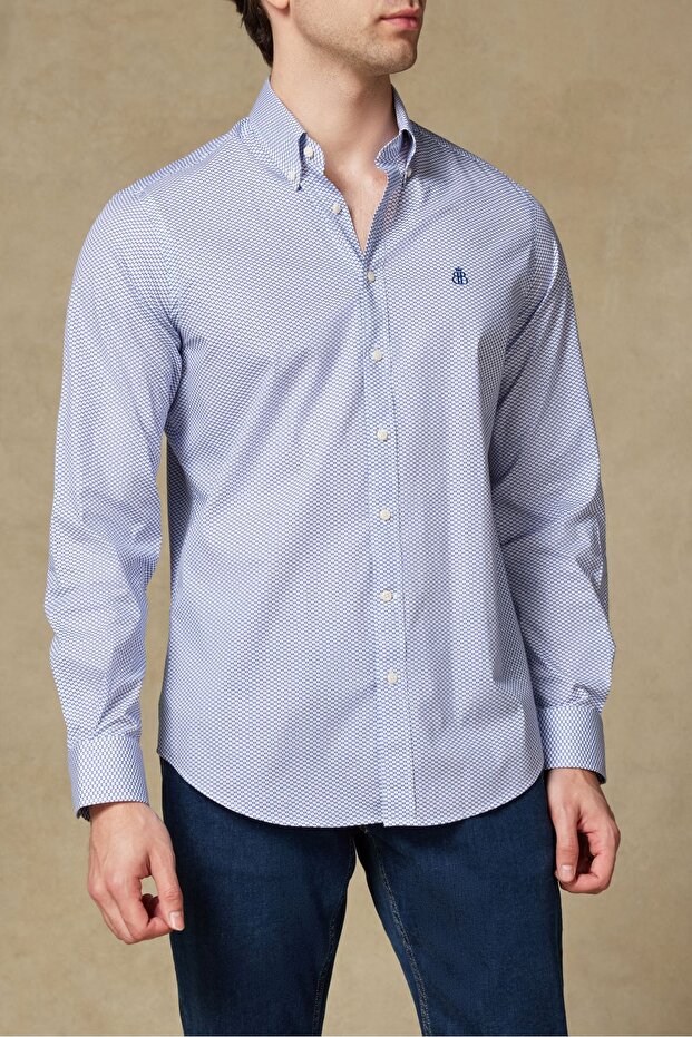 Luca Poplin Stretch Cotton Blend Comfort Fit Purple Button down Collar Men's Printed Shirt