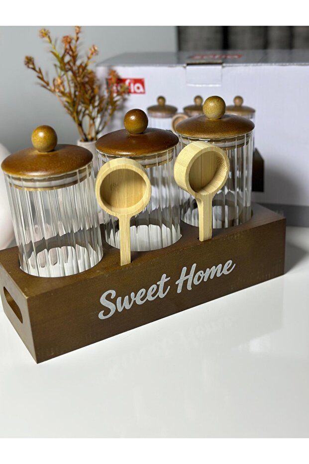 Trio Glass Jar Set with Sweet Home Writing, Spoon and Stand, 3 Pieces