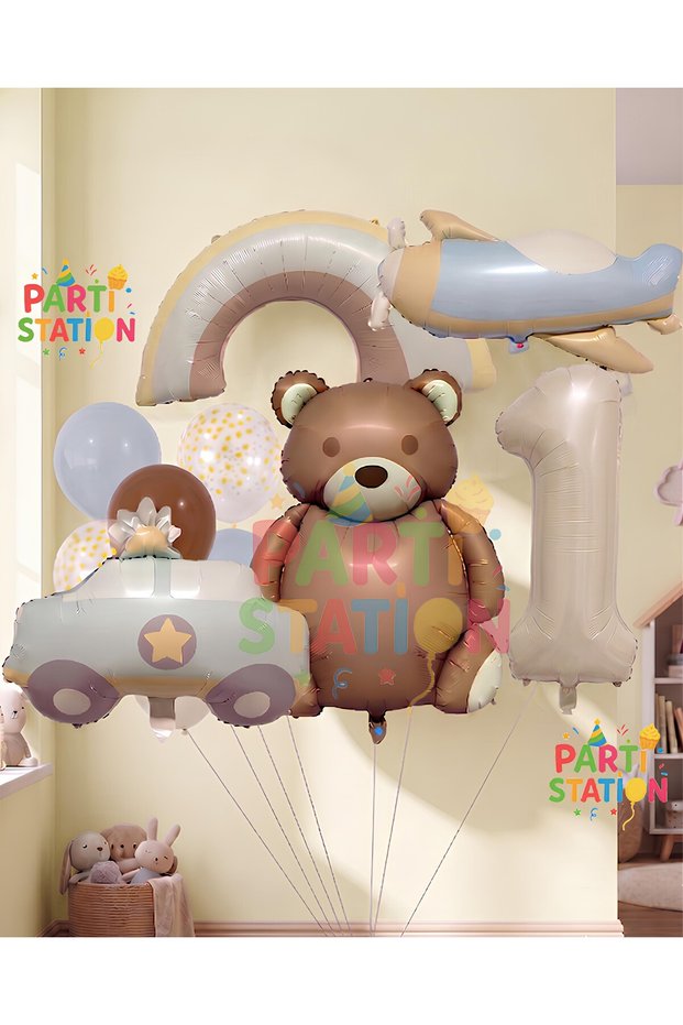 Retro Teddy Bear Police Car Rainbow Airplane Concept 1 Year Old Balloon Set Retro Concept Birthday Balloon Set